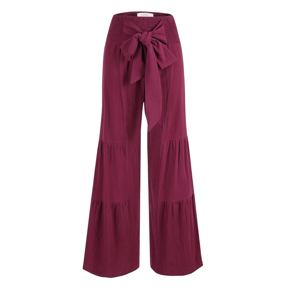 Stylish Casual Loose High Waisted Wide Leg Pants with Knotted Detail Burgundy